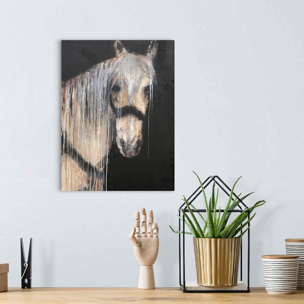 A bohemian room featuring Painting of a horse on a dark background.