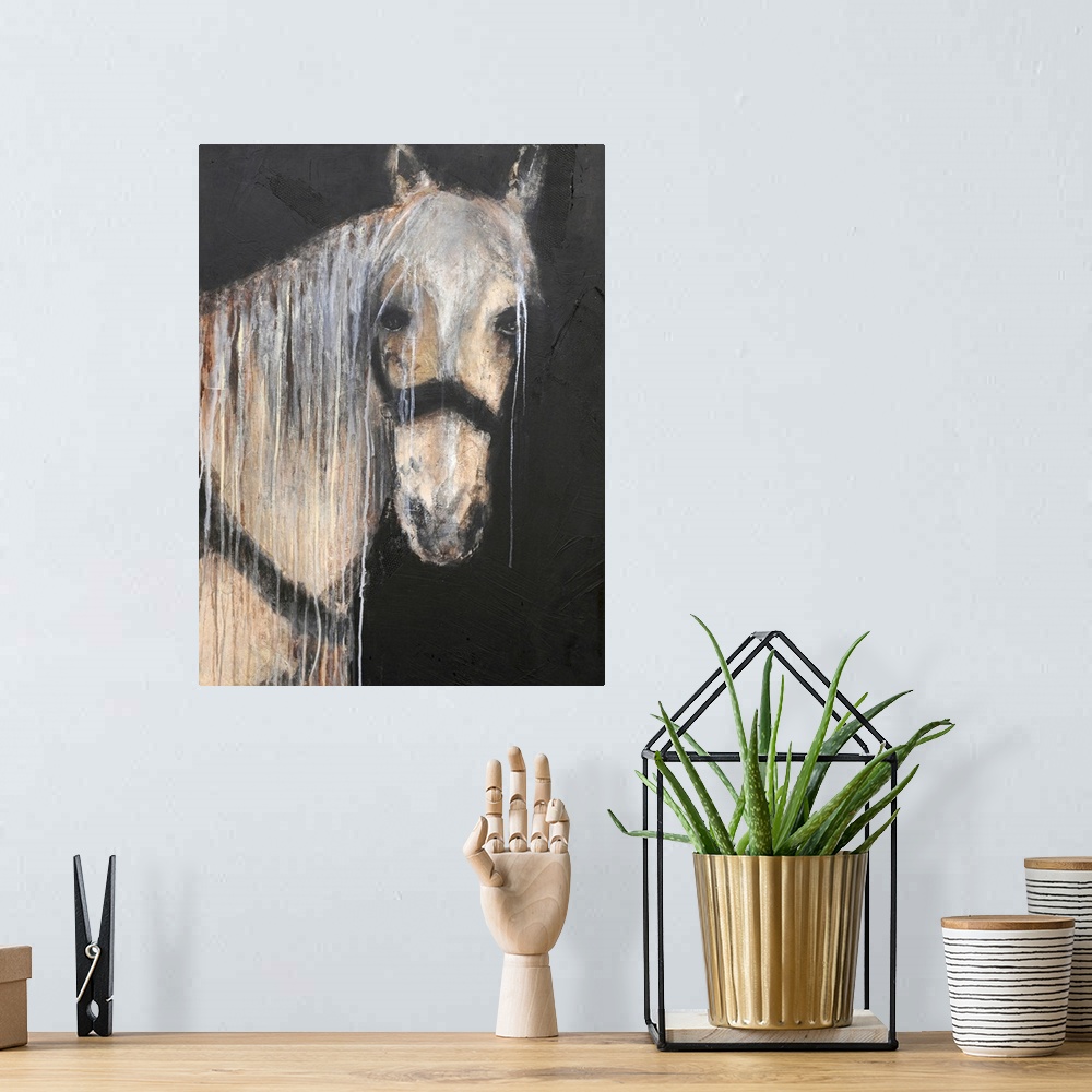 A bohemian room featuring Painting of a horse on a dark background.