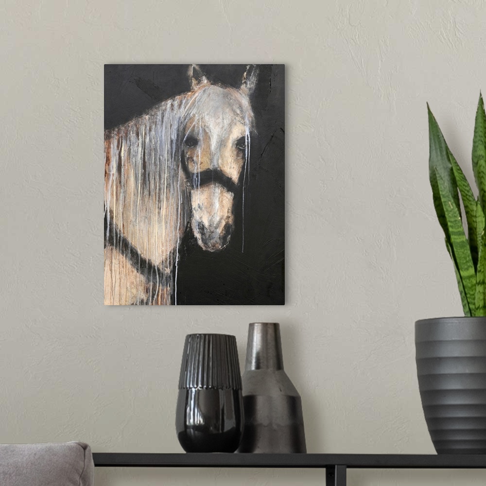 A modern room featuring Painting of a horse on a dark background.