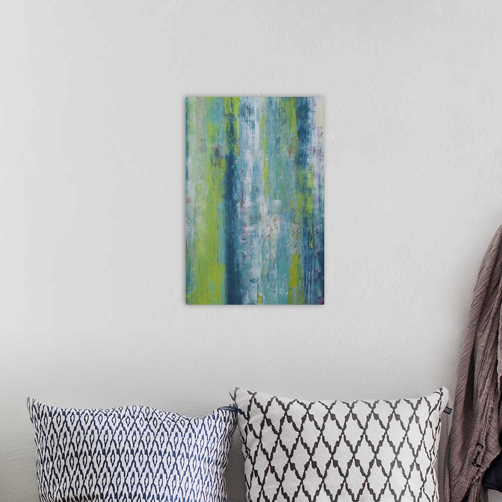 A bohemian room featuring Contemporary abstract painting using dark green and blue tones.