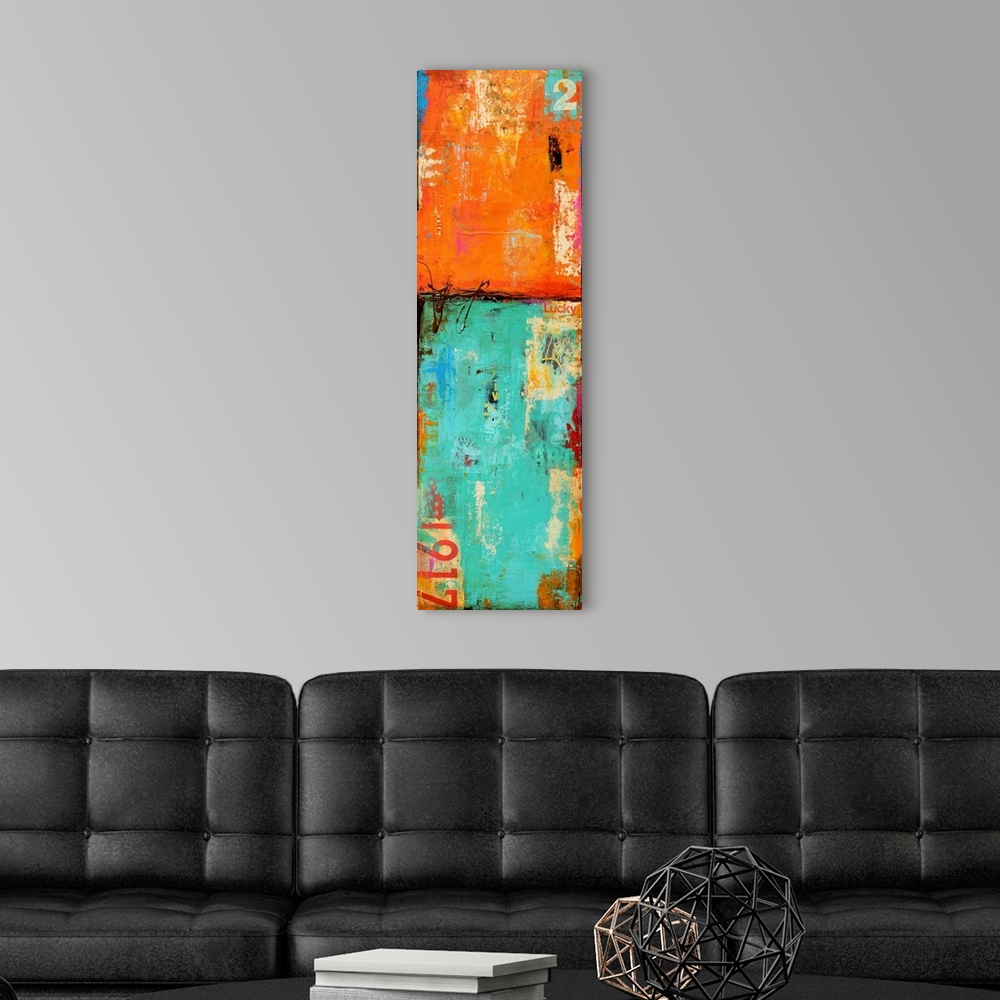 A modern room featuring Vertical abstract artwork of vibrant orange and teal colors that reveals grunge lettering and gra...