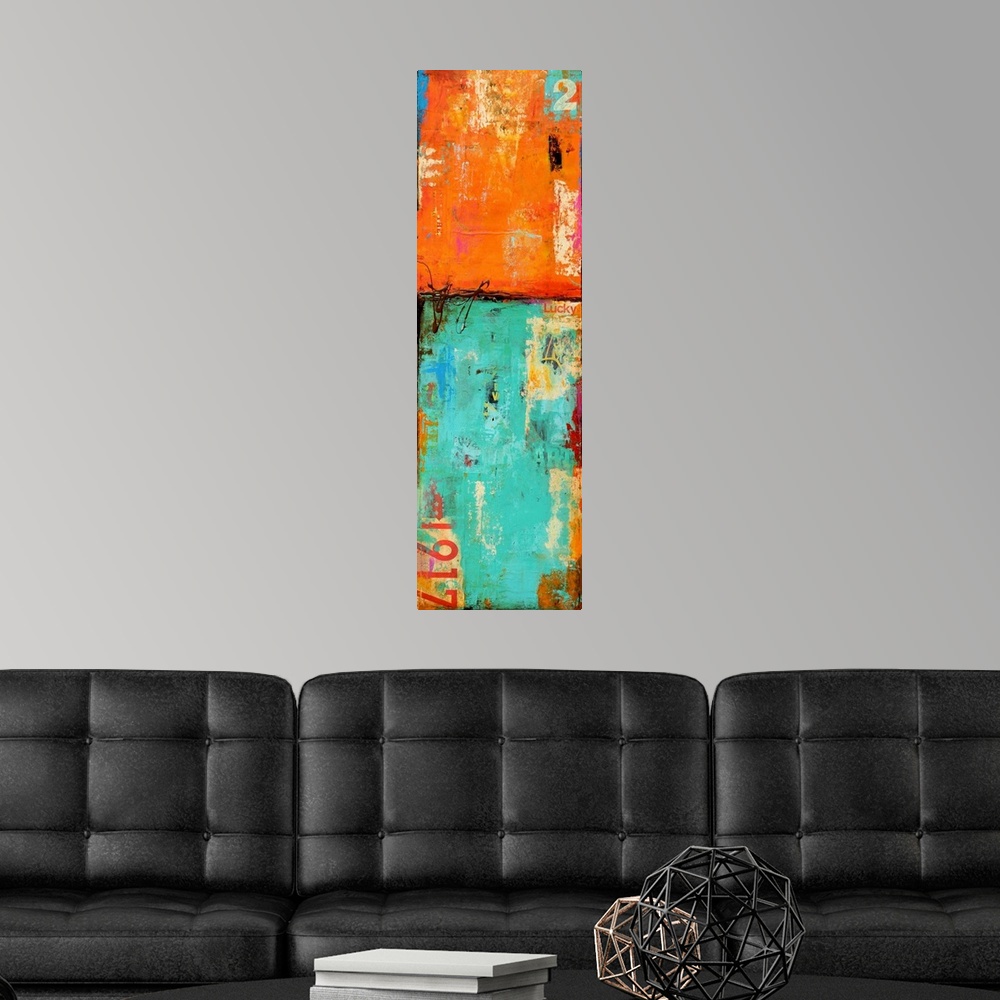 A modern room featuring Vertical abstract artwork of vibrant orange and teal colors that reveals grunge lettering and gra...