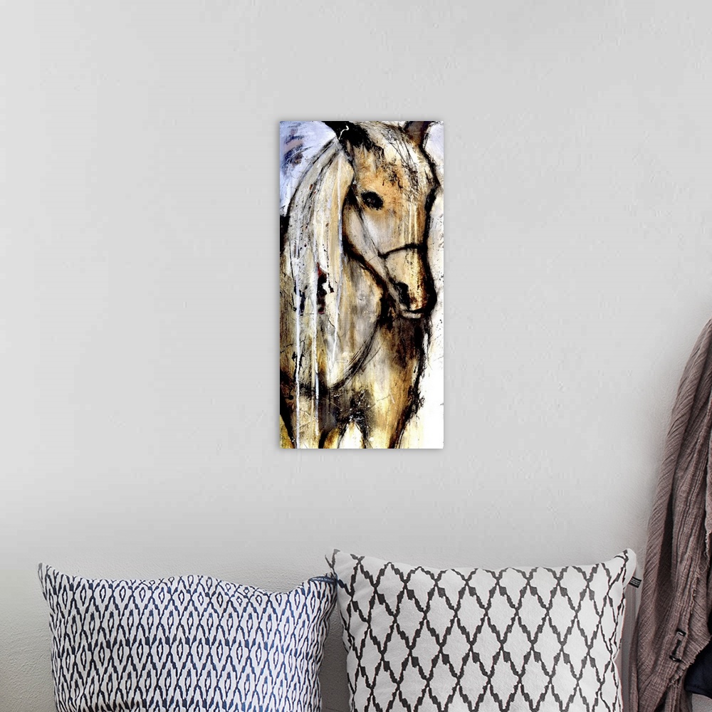 A bohemian room featuring Contemporary painting of a tan colored horse.