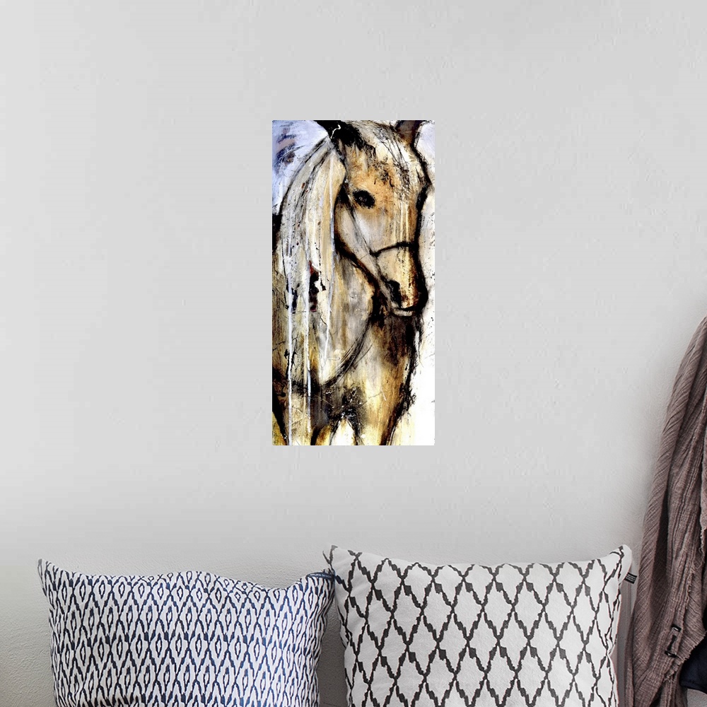 A bohemian room featuring Contemporary painting of a tan colored horse.