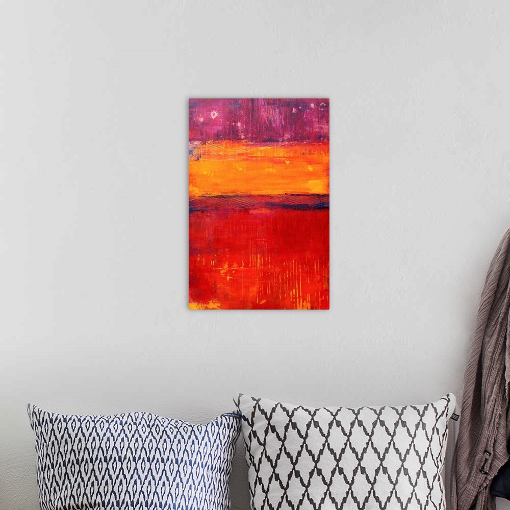 A bohemian room featuring This vertical abstract painting is made of three stripes of color created with various applicatio...