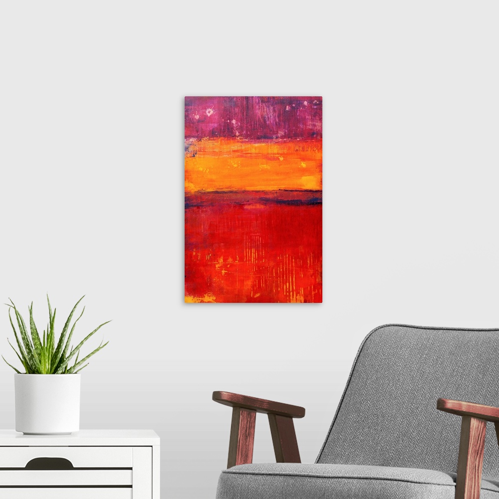 A modern room featuring This vertical abstract painting is made of three stripes of color created with various applicatio...