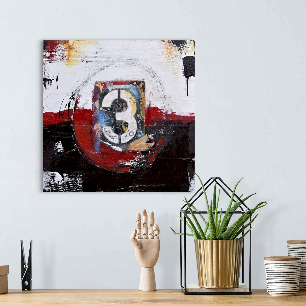 A bohemian room featuring Contemporary abstract painting using dark grungy tones.