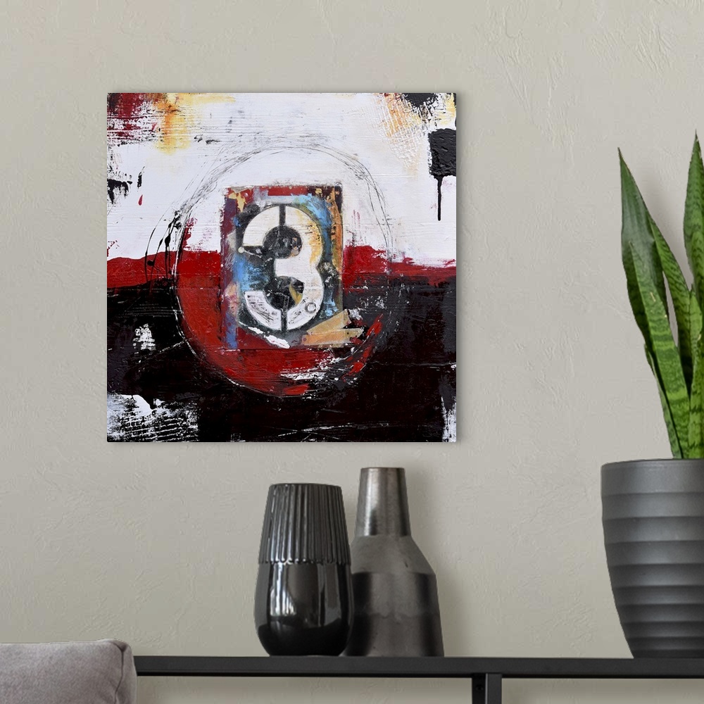 A modern room featuring Contemporary abstract painting using dark grungy tones.