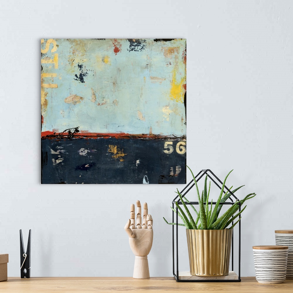 A bohemian room featuring Inspired by dilapidated buildings, this contemporary artwork features torn layers of blue paint w...
