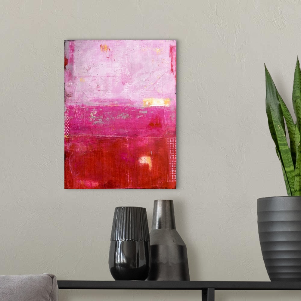 A modern room featuring A heavily textured abstract painting of three different painting styles and colors stacked on top...