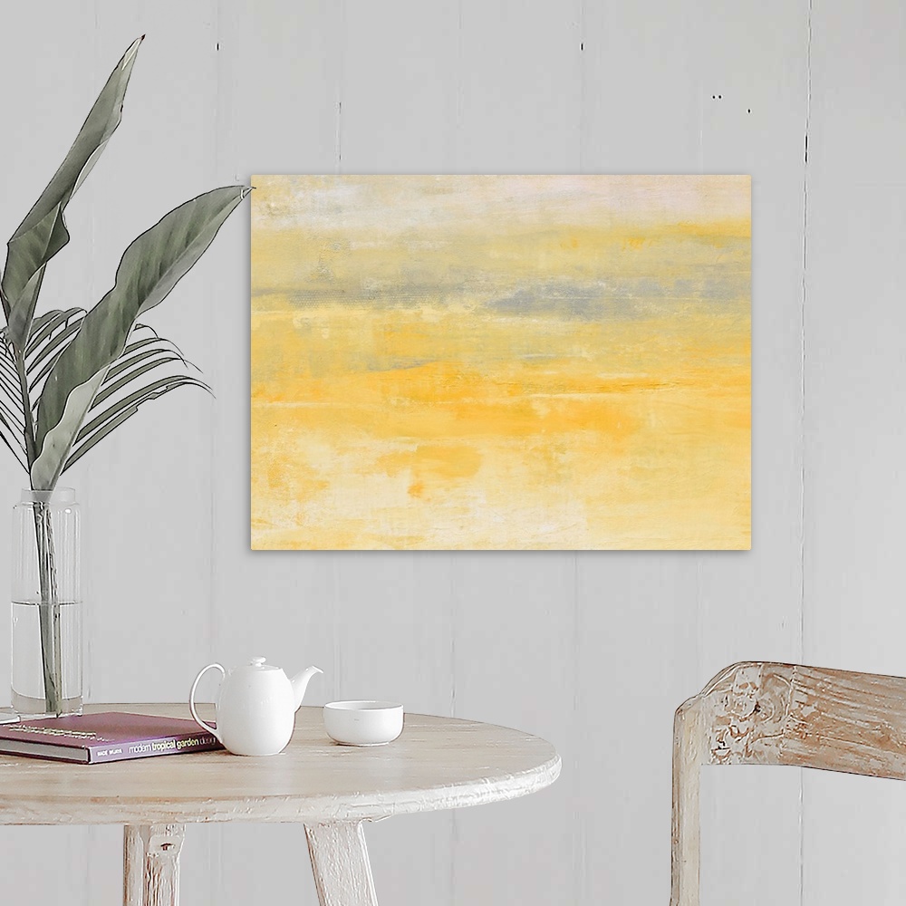 A farmhouse room featuring Contemporary abstract painting using pale yellow and gray.