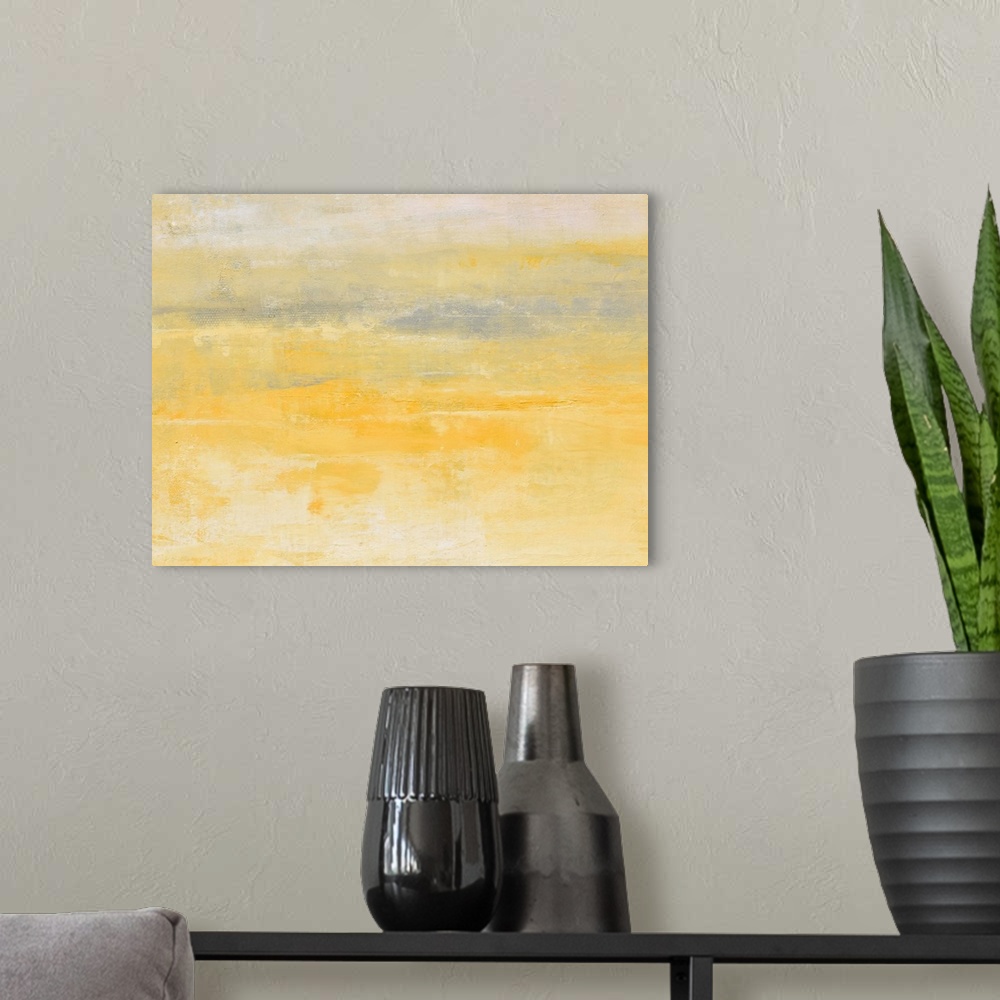 A modern room featuring Contemporary abstract painting using pale yellow and gray.