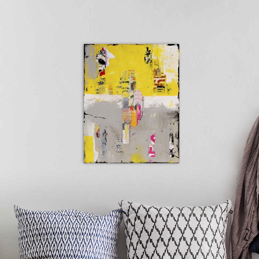 A bohemian room featuring Mixed media abstract artwork in grey and yellow with found elements.
