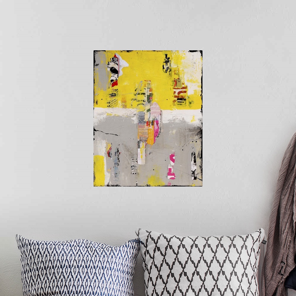 A bohemian room featuring Mixed media abstract artwork in grey and yellow with found elements.