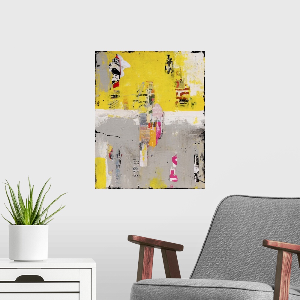 A modern room featuring Mixed media abstract artwork in grey and yellow with found elements.