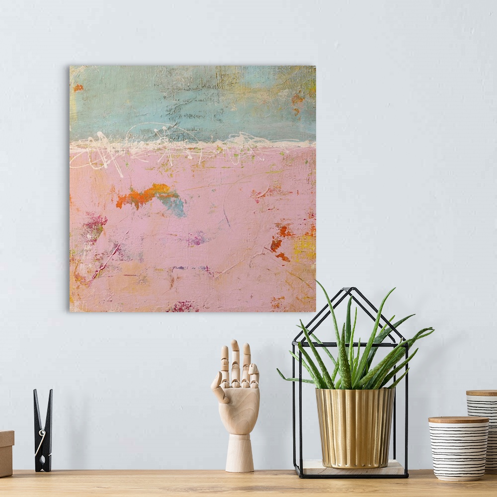 A bohemian room featuring Large, square artwork for a living room or office of pastel colors in patches and rough texture, ...