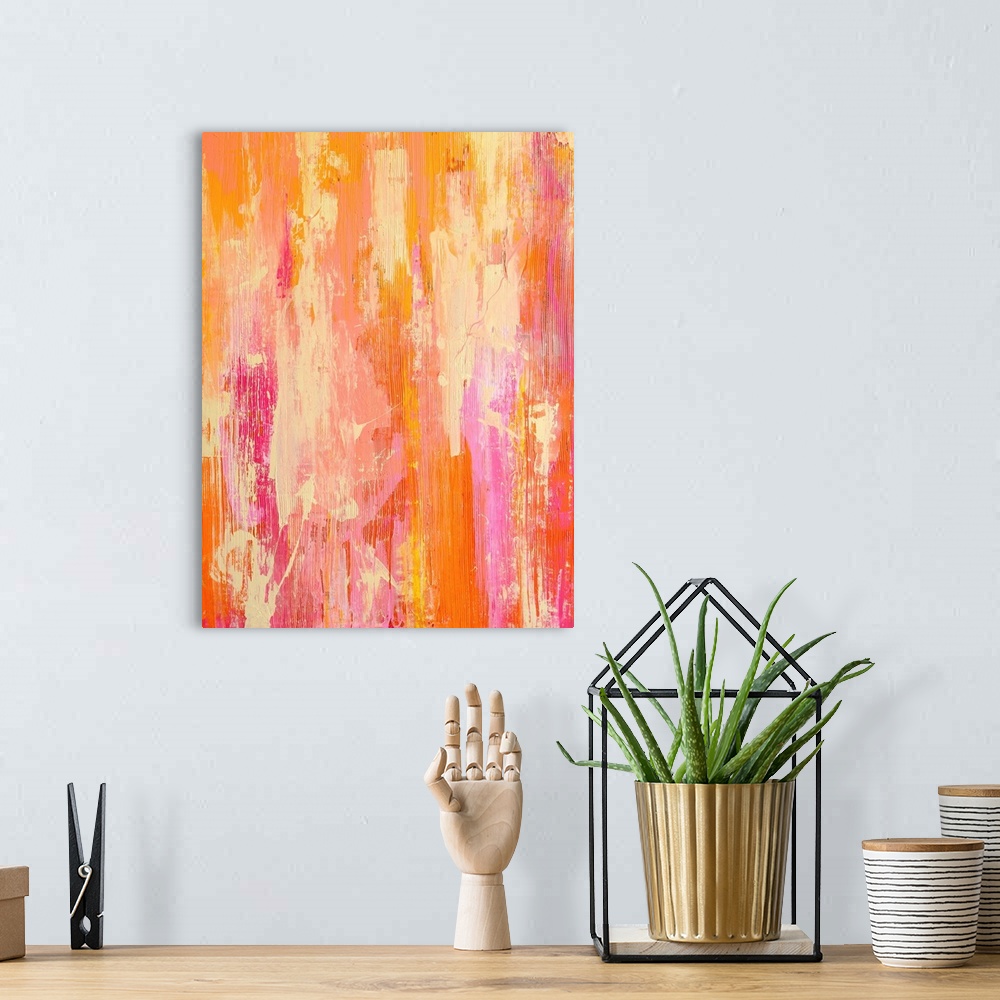 A bohemian room featuring Abstract modern art piece featuring streaks of vibrant colors creating a rough texture.