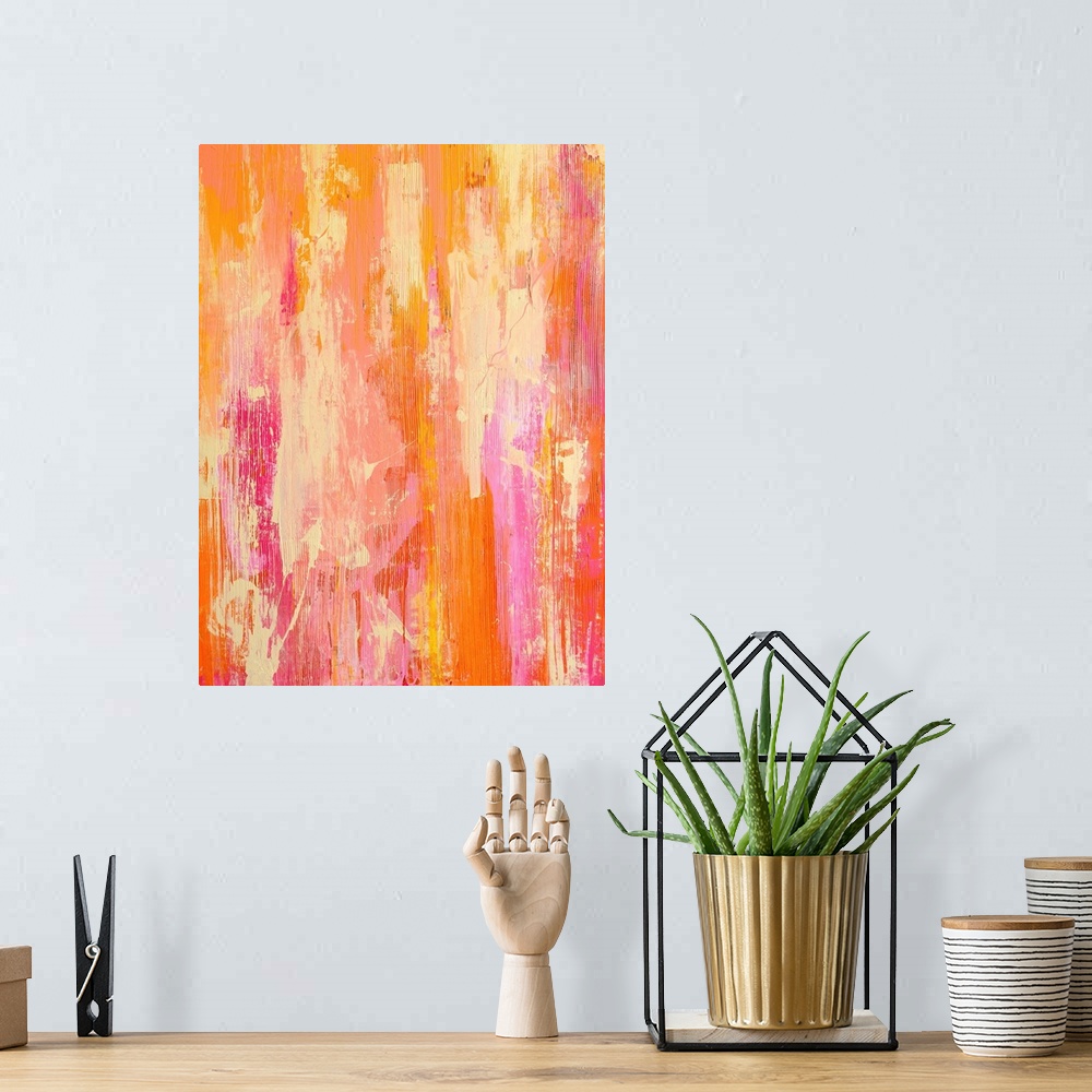 A bohemian room featuring Abstract modern art piece featuring streaks of vibrant colors creating a rough texture.
