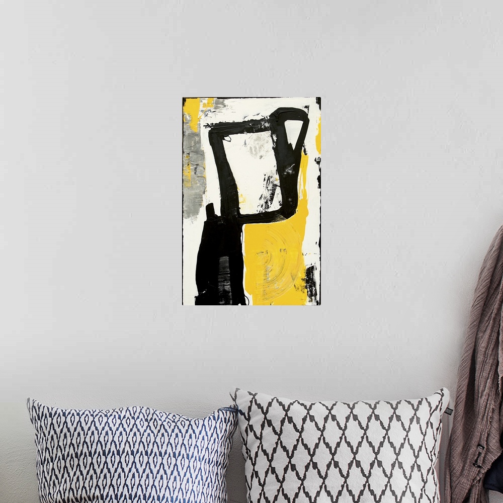 A bohemian room featuring Contemporary abstract painting using harsh black strokes with yellow and gray.