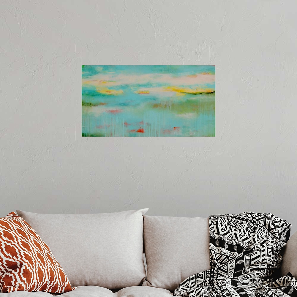 A bohemian room featuring Abstract contemporary painting in light, pastel colors, resembling a calm pond in the early morning.