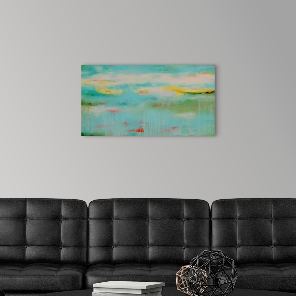 A modern room featuring Abstract contemporary painting in light, pastel colors, resembling a calm pond in the early morning.