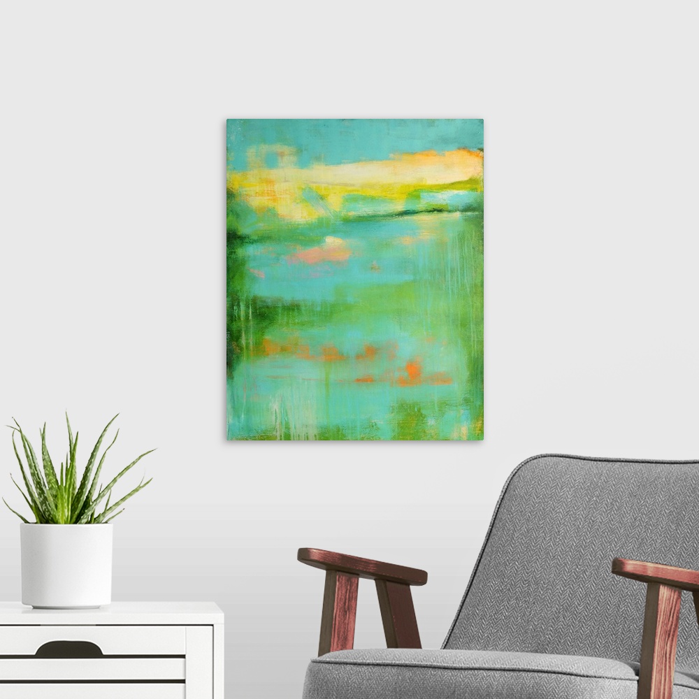 A modern room featuring Giant abstract art composed of different sized streaks of cool tones.