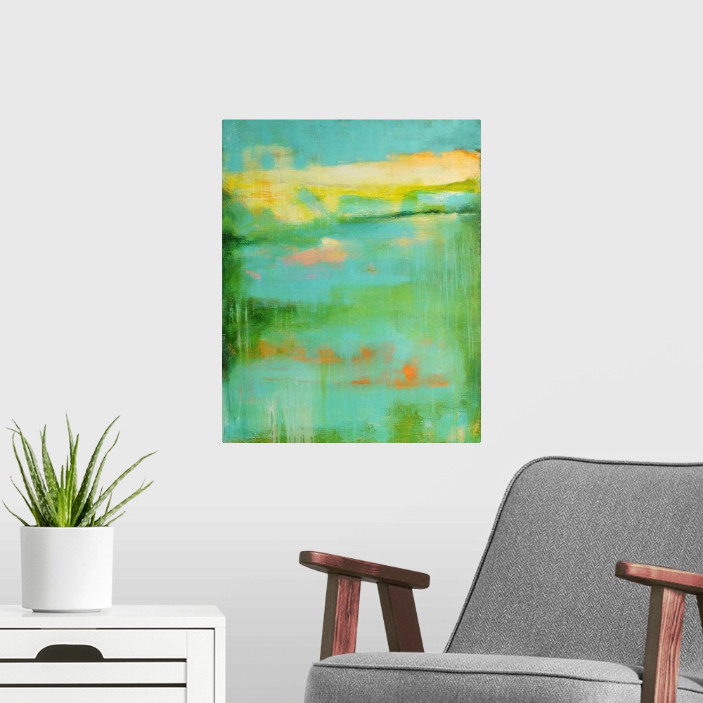 A modern room featuring Giant abstract art composed of different sized streaks of cool tones.