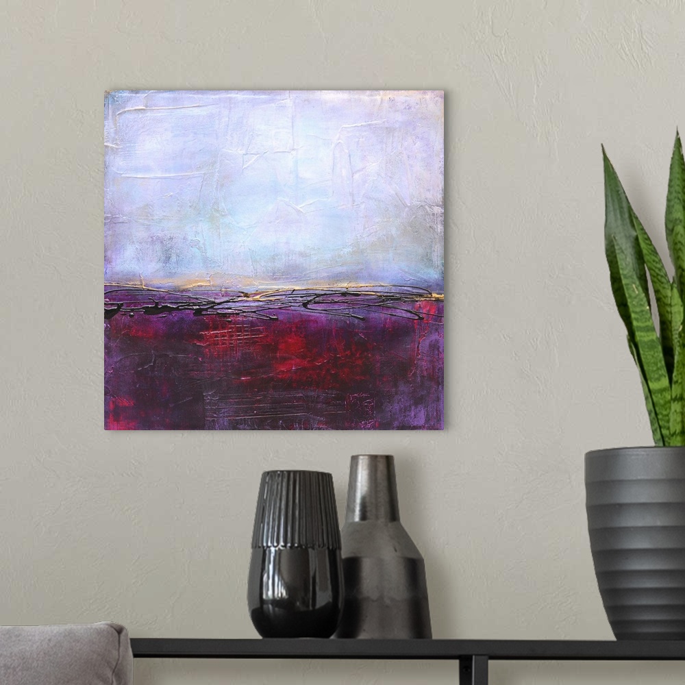 A modern room featuring Contemporary abstract painting using deep red and purple.