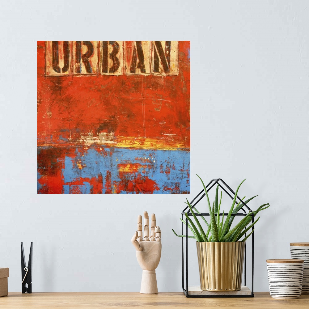 A bohemian room featuring Contemporary abstract painting of a weathered grungy dark orange and blue tones with the word "Ur...