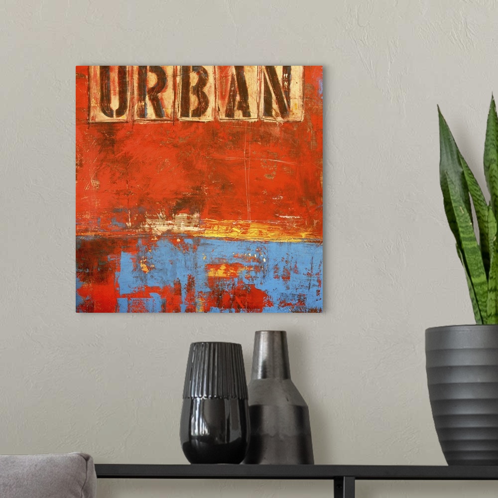A modern room featuring Contemporary abstract painting of a weathered grungy dark orange and blue tones with the word "Ur...