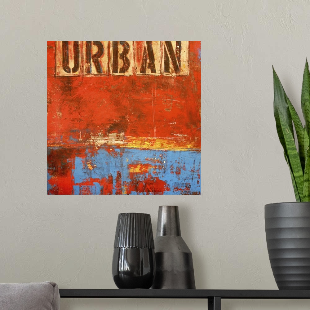 A modern room featuring Contemporary abstract painting of a weathered grungy dark orange and blue tones with the word "Ur...