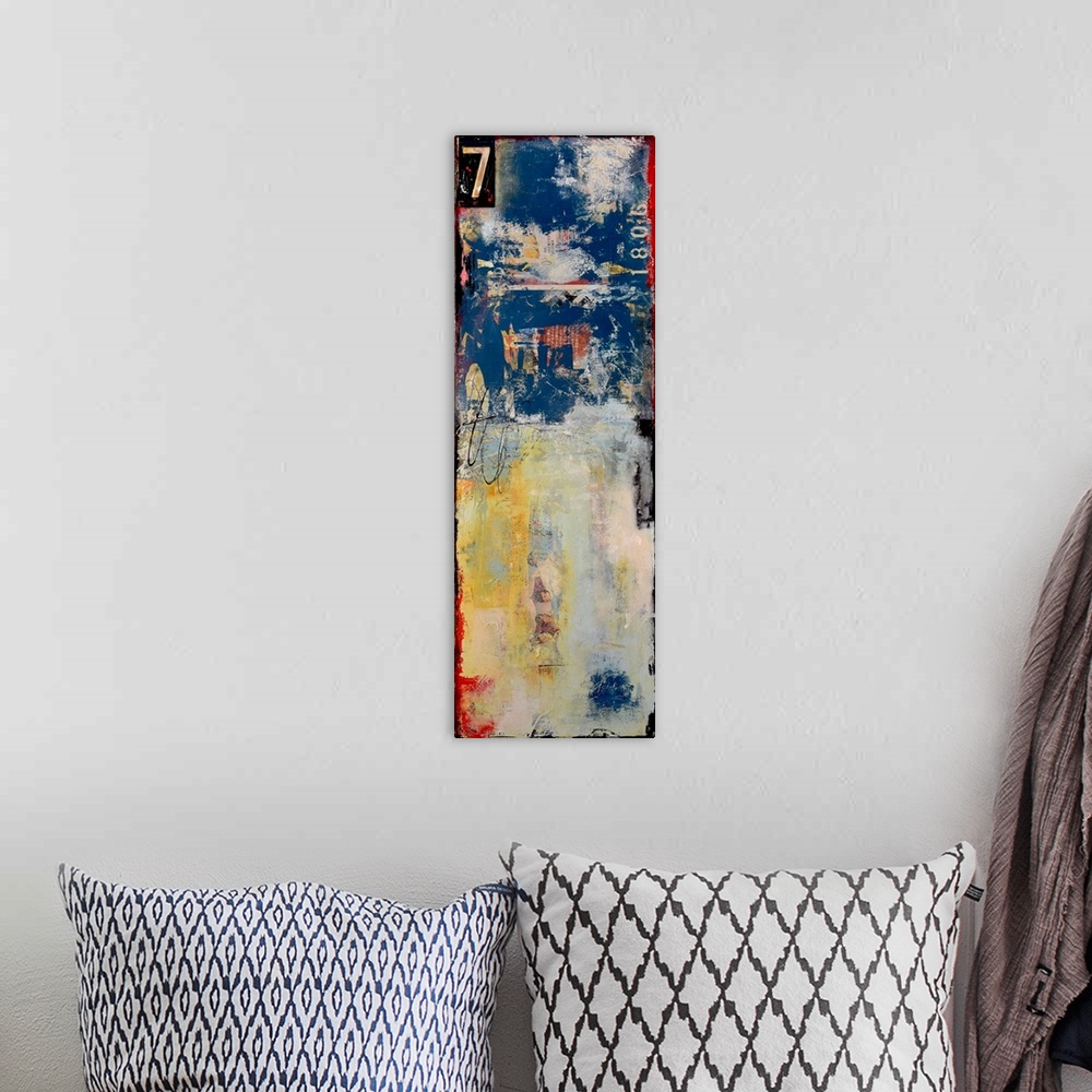 A bohemian room featuring Tall panel abstract artwork in shades of blue, gray, yellow, black, and red created with mixed me...