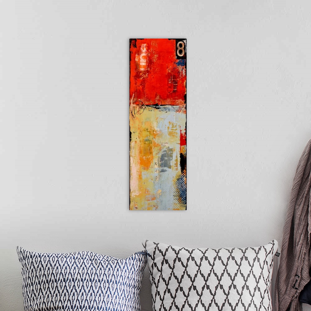 A bohemian room featuring Tall panel abstract with bright red, orange, gray and black hues. A large number 8 in the top cor...