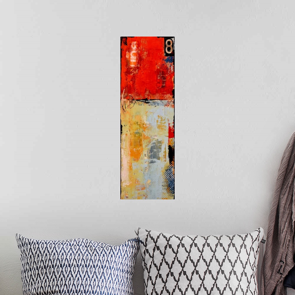 A bohemian room featuring Tall panel abstract with bright red, orange, gray and black hues. A large number 8 in the top cor...