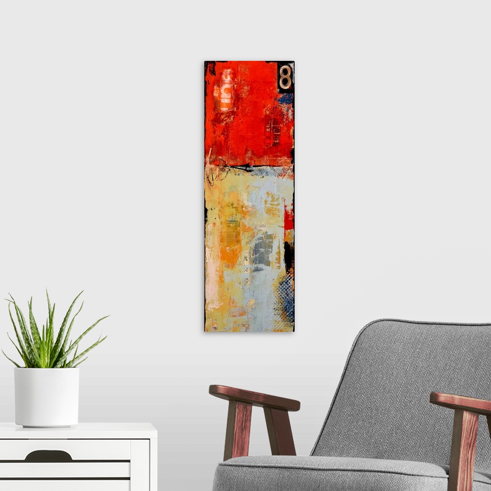 A modern room featuring Tall panel abstract with bright red, orange, gray and black hues. A large number 8 in the top cor...