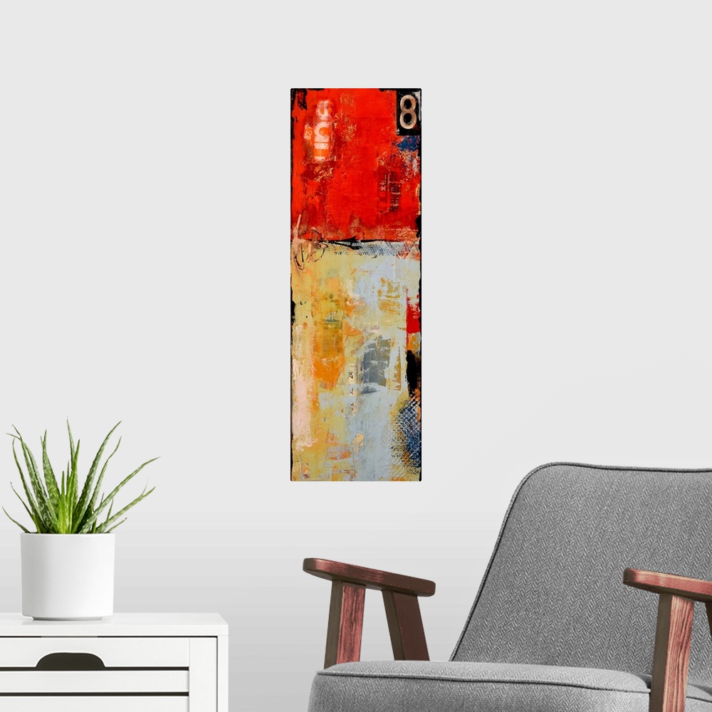 A modern room featuring Tall panel abstract with bright red, orange, gray and black hues. A large number 8 in the top cor...