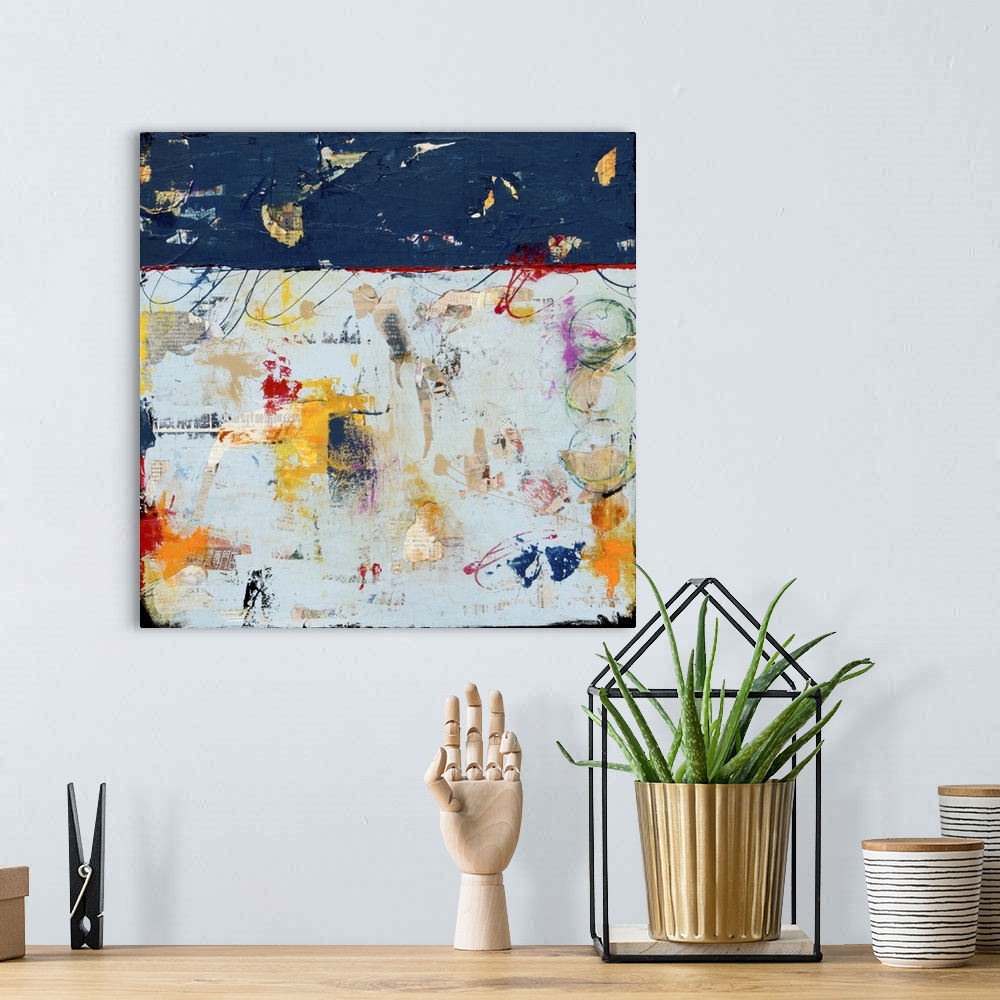 A bohemian room featuring A square contemporary abstract painting with a mixture of shapes, lines, and colors including dar...