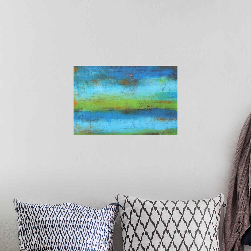 A bohemian room featuring Contemporary abstract painting of a gradient going from top to bottom with grungy textures on top.