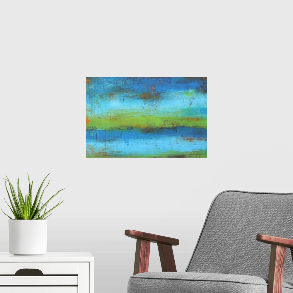 A modern room featuring Contemporary abstract painting of a gradient going from top to bottom with grungy textures on top.