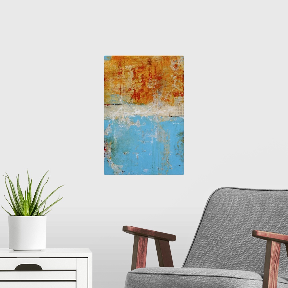 A modern room featuring A heavily textured abstract painting of three different painting styles and colors stacked on top...