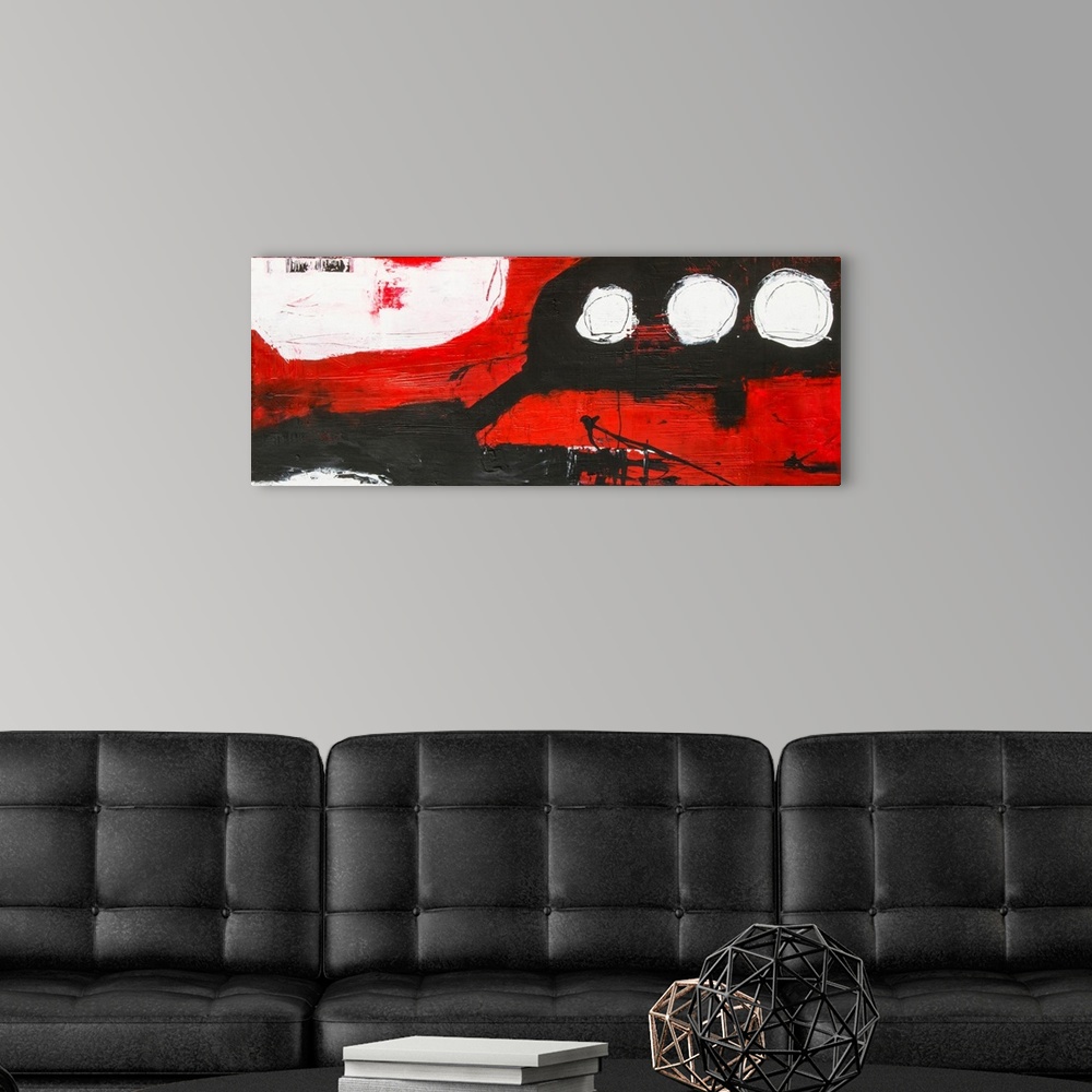 A modern room featuring A large abstract with bright red, white and black hues in textured paint. Black paint is dividing...