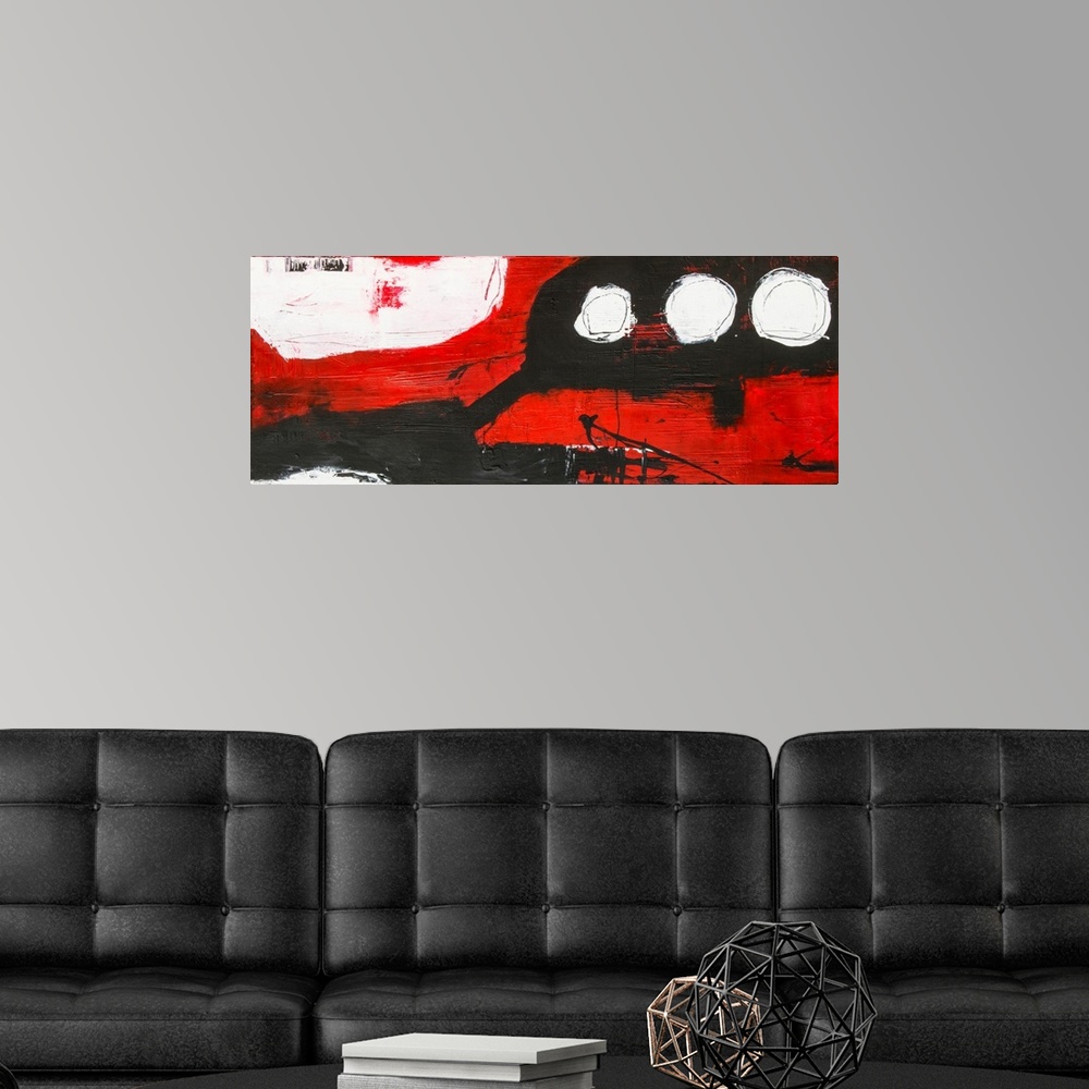 A modern room featuring A large abstract with bright red, white and black hues in textured paint. Black paint is dividing...