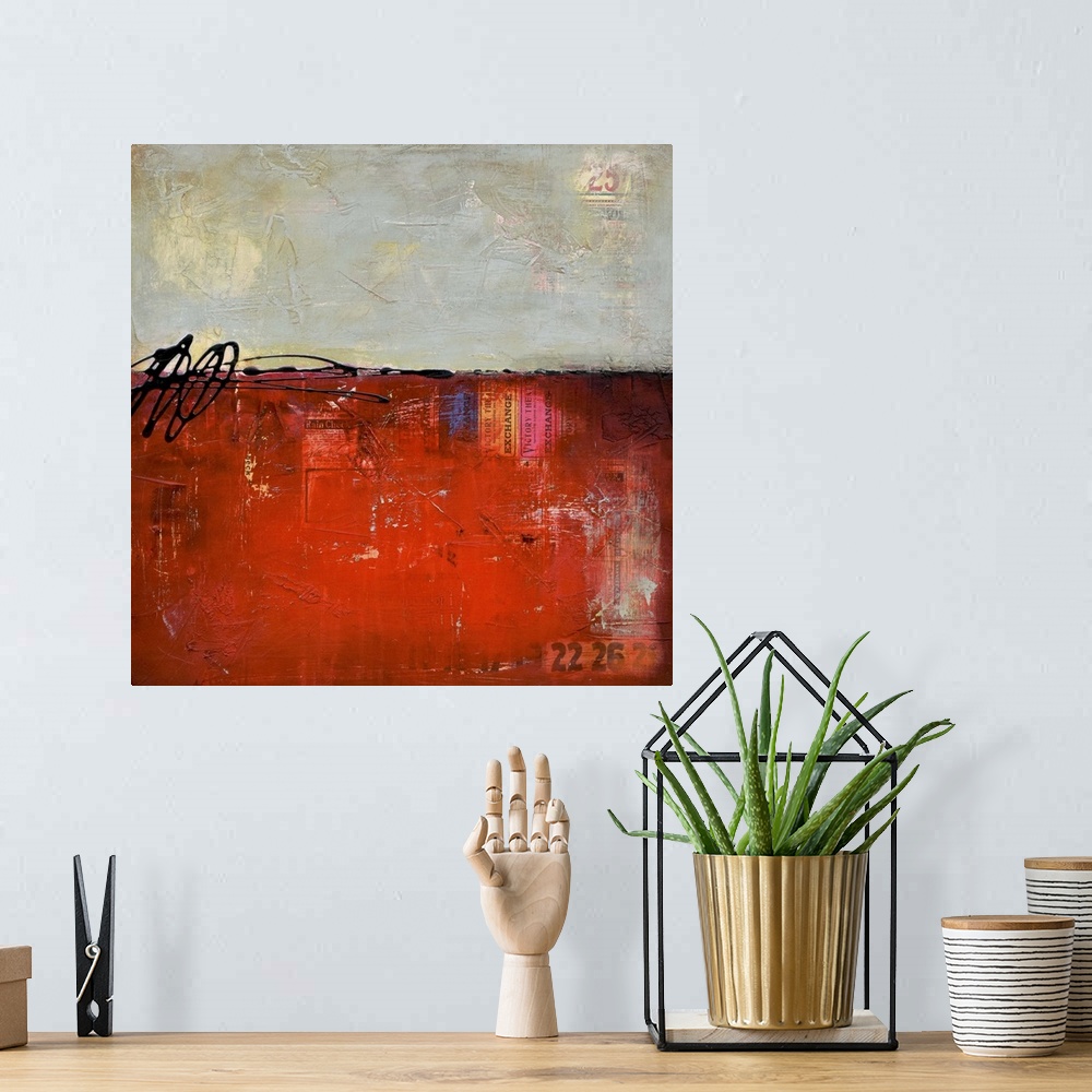 A bohemian room featuring Contemporary abstract painting of a color-field of weathered deep red under a dark putty colored ...