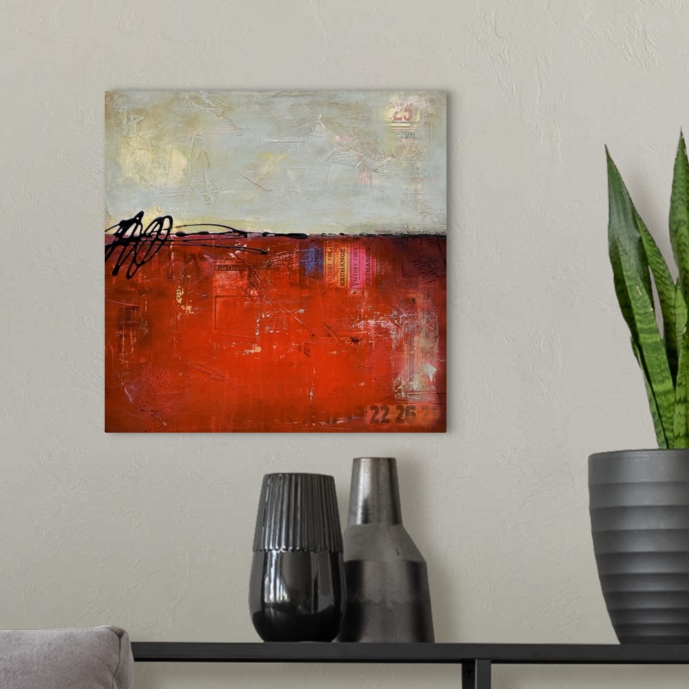 A modern room featuring Contemporary abstract painting of a color-field of weathered deep red under a dark putty colored ...