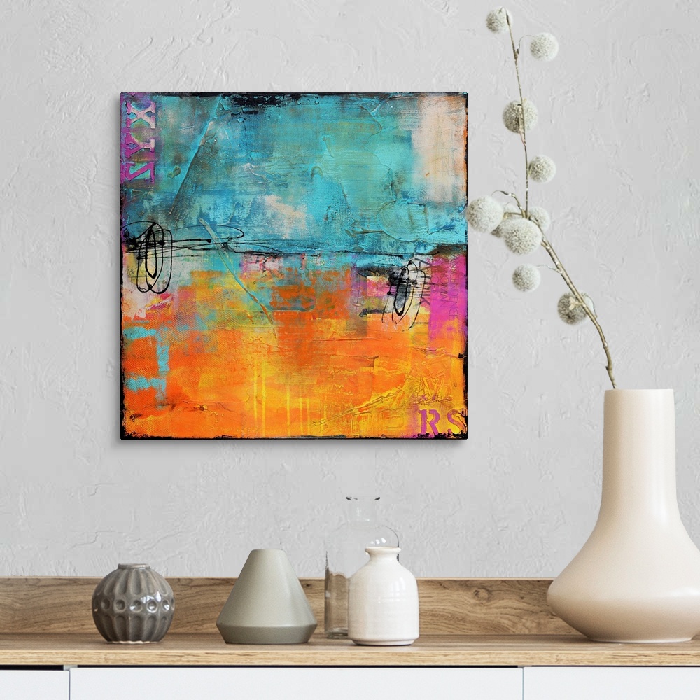 A farmhouse room featuring Giant abstract art almost evenly broken into two horizontal rectangles composed of two cool tones...