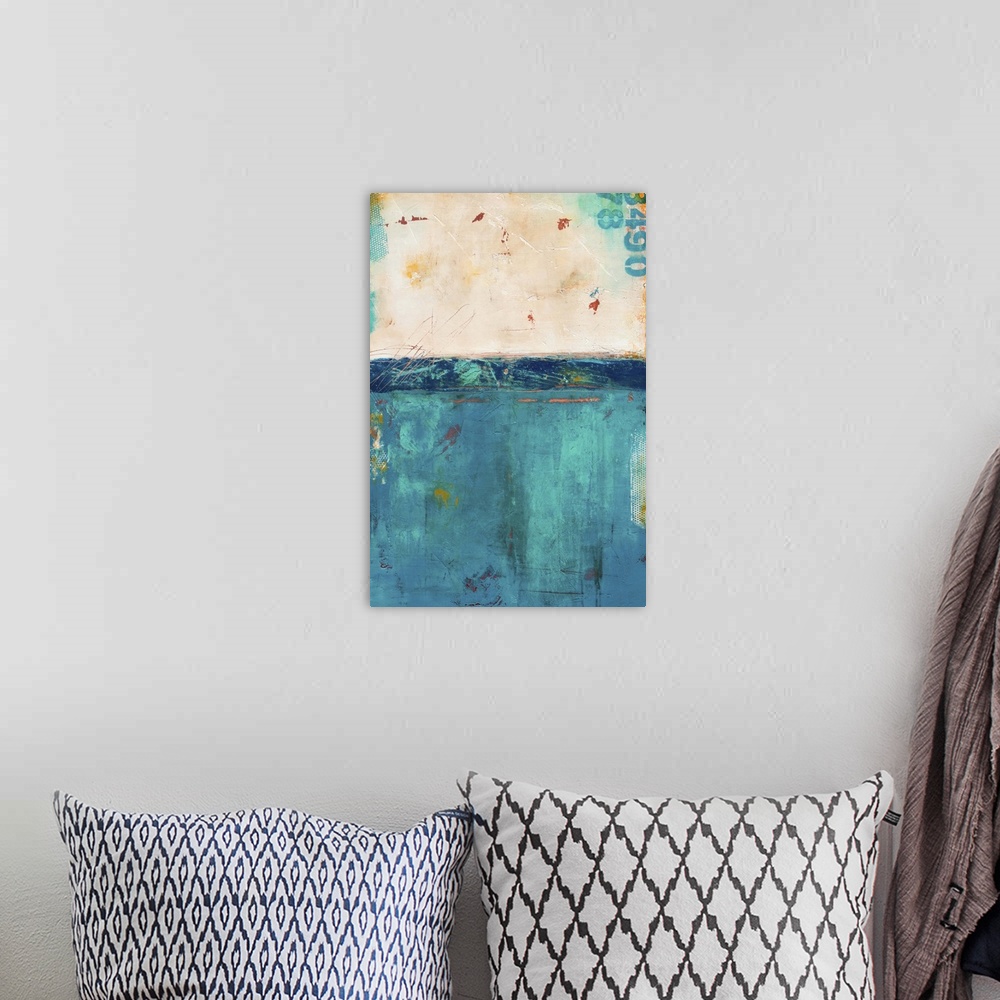 A bohemian room featuring Contemporary abstract art in deep teal blue and cream white.