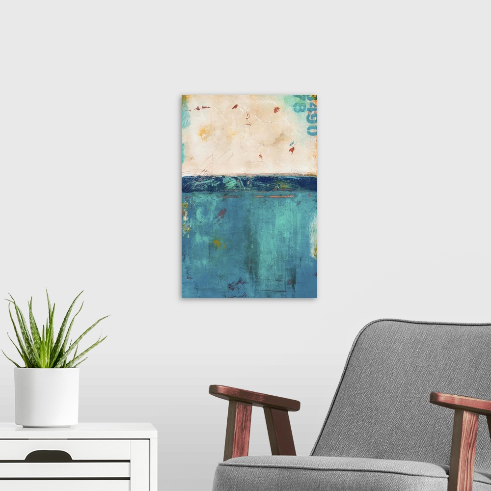 A modern room featuring Contemporary abstract art in deep teal blue and cream white.