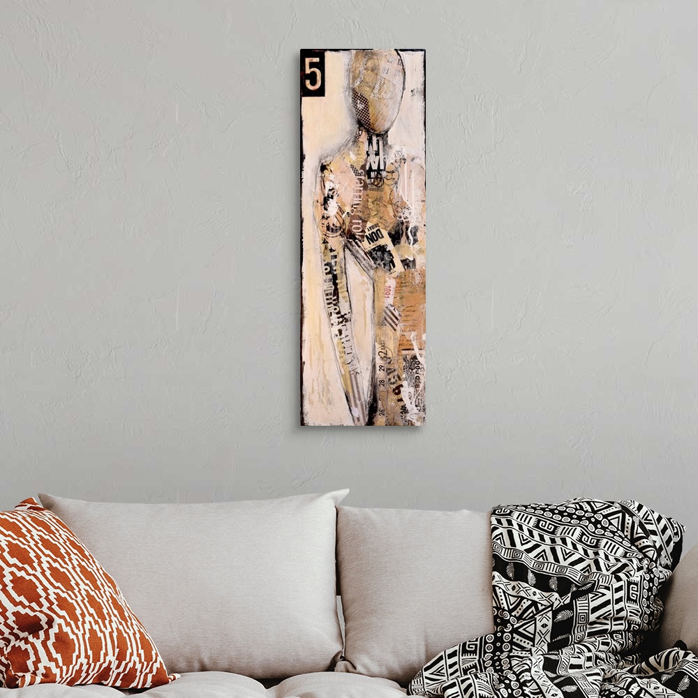 A bohemian room featuring Contemporary abstract painting of a figure in tan tones with a stenciled number in the corner.