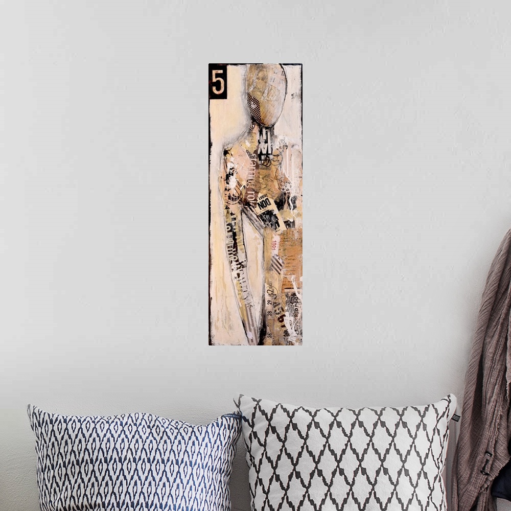 A bohemian room featuring Contemporary abstract painting of a figure in tan tones with a stenciled number in the corner.