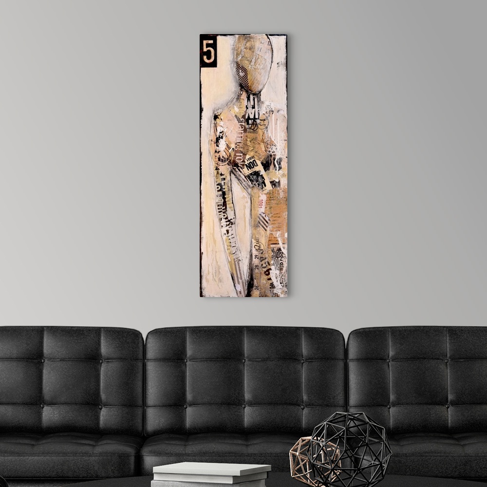 A modern room featuring Contemporary abstract painting of a figure in tan tones with a stenciled number in the corner.